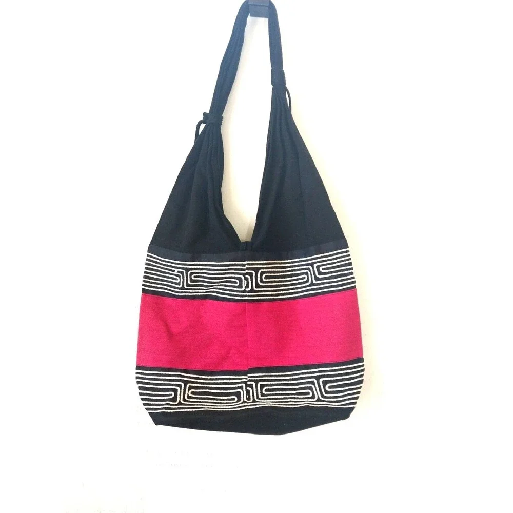 Boho India Hobo Sak Bag Cotton Retro Women's Bead Accent Black/Pink/White